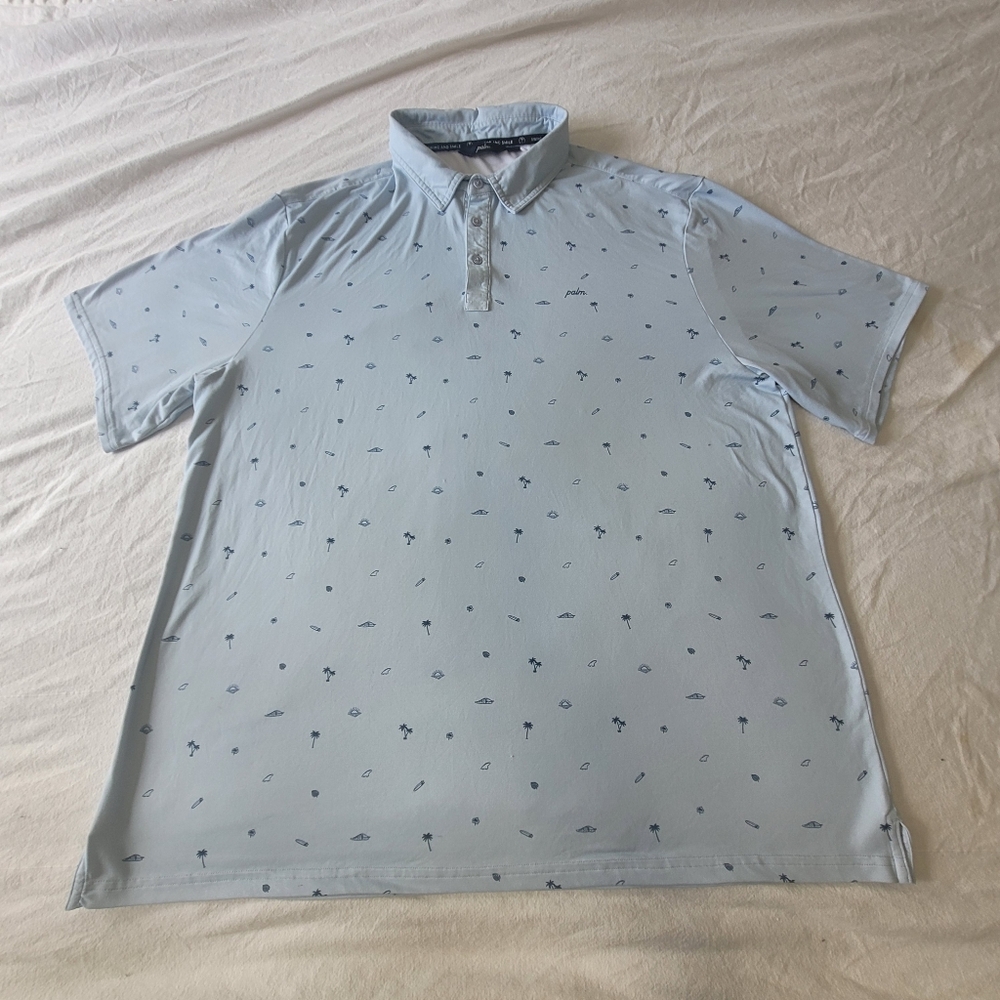 Palm Swing And Smile Golf Polo Shirt Light Blue Mens Sz XXL Pattern Performance